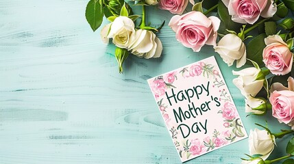 "Happy Mother's Day" - pink and white roses on a light blue wooden table with a blank card. 