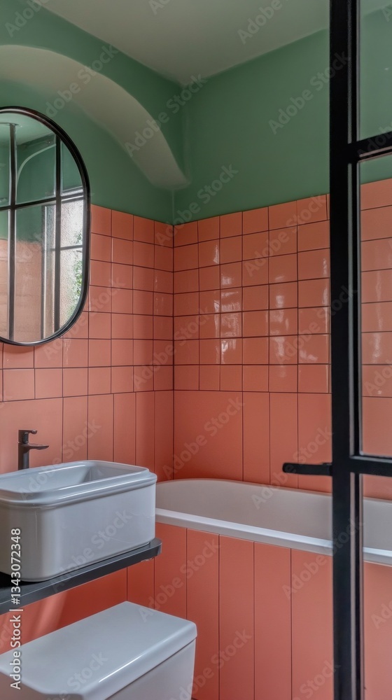 Poster a stylish bathroom features a harmonious blend of mint green and coral tile, complemented by a minim