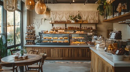 Visiting a Cozy Bakery with Fresh Pastries and Wooden Furnishings