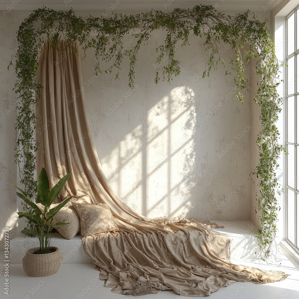 Poster serene interior scene featuring soft beige drapery and lush greenery, creating calming atmosphere. sunlight filters through large windows, casting gentle shadows on textured wall
