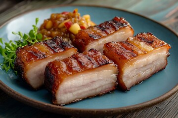 A plate of barbecued pork belly slices with a caramelized crust, paired with a spicy apple chutney, presented on a rustic blue plate.
