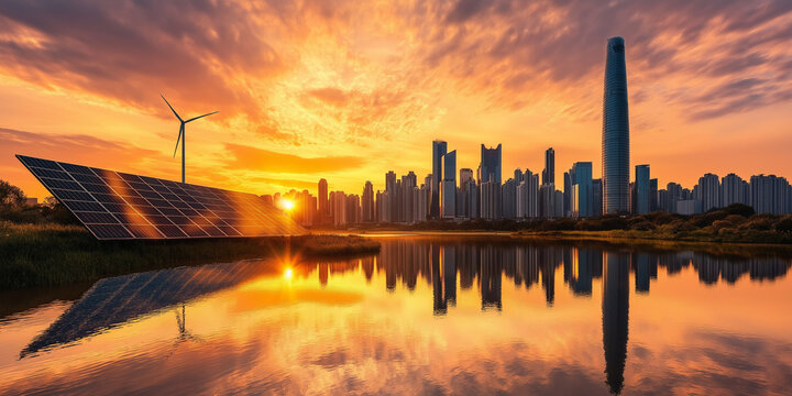 Futuristic renewable energy innovation presentation on smart grid resiliency and energy storage in urban landscape