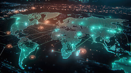 digital world map showcasing interconnected networks and glowing data points, representing global connectivity and technology. vibrant colors and intricate details evoke sense of innovation and