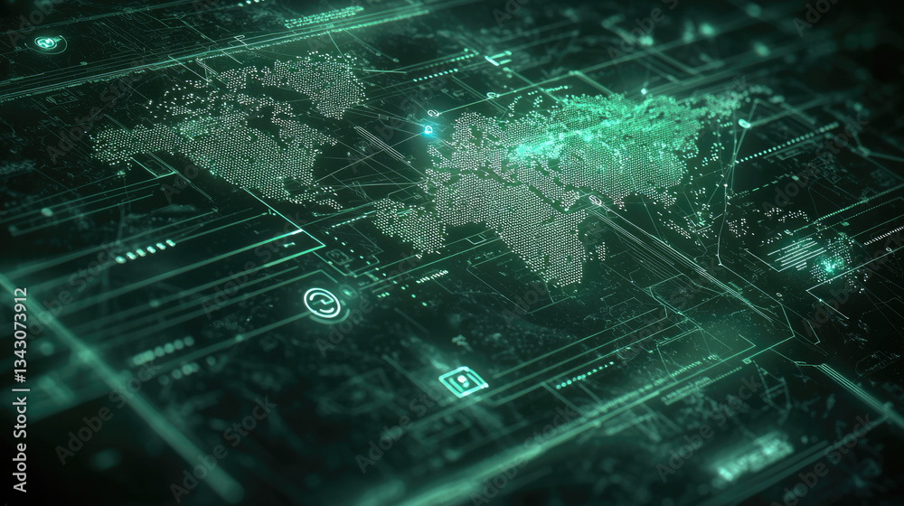 Poster futuristic digital world map displayed in glowing green tones, showcasing intricate data patterns and high tech graphics. This evokes sense of advanced technology and global connectivity