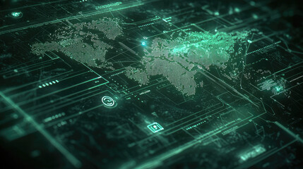 futuristic digital world map displayed in glowing green tones, showcasing intricate data patterns and high tech graphics. This evokes sense of advanced technology and global connectivity