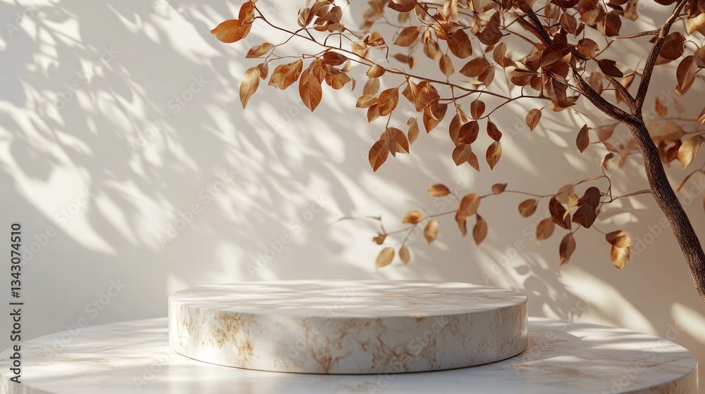 Poster soft sunlight spills into a serene space, highlighting a round marble pedestal. an arrangement of dr