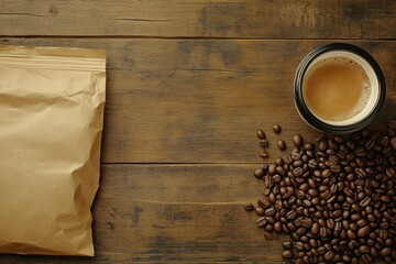 Coffee cup filled with espresso beside scattered roasted coffee beans on rustic wooden table. Paper bag mockup on left completes cozy morning coffee setting