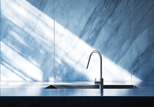 Modern Minimalist Kitchen Sink Chrome Faucet Blue Backsplash