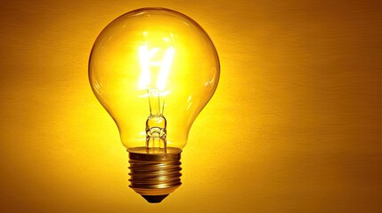 Illuminated lightbulb glowing, radiating energy. Simple studio shot with golden yellow wall background