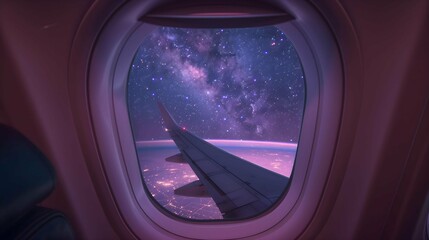 travel and transportation concept with see city and beautiful night sky from airplane window