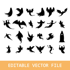 halloween ghosts. Ghosted spooky spirit and mysterious phantoms. Spooky flying phantom ghosts vector symbols illustrations set
