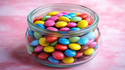 Glass jar filled with colorful candies on a pastel pink table, evoking childhood sweetness and joy.