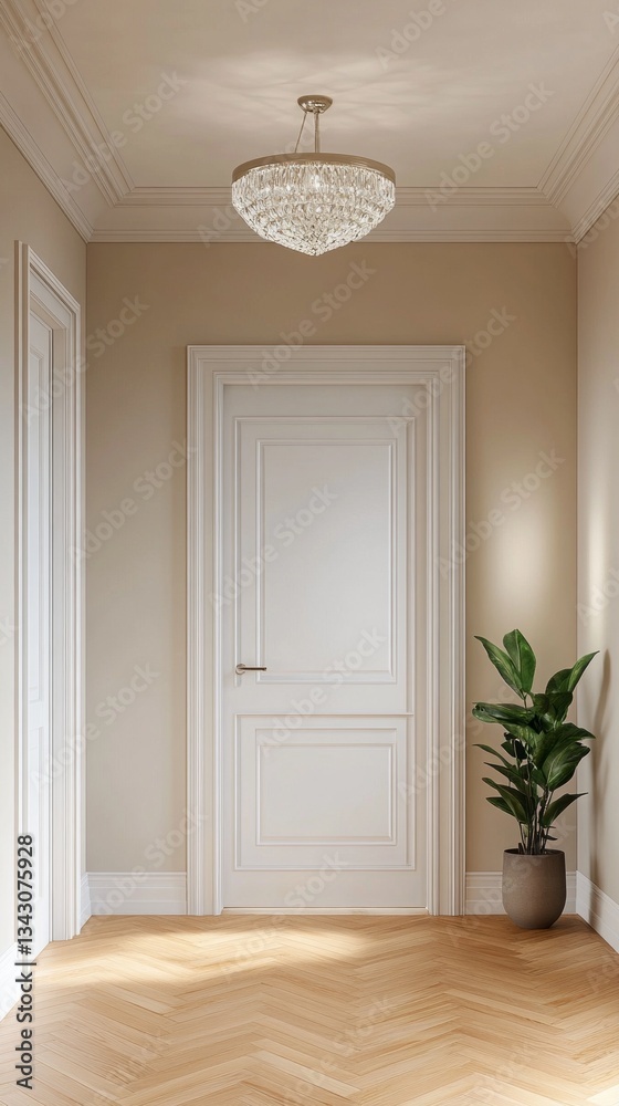 Poster soft lighting illuminates a chic hallway adorned with a sparkling chandelier and a vibrant green pla