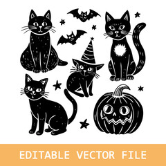 Obraz premium Set of halloween cat vector illustration, Halloween cat silhouette vector art