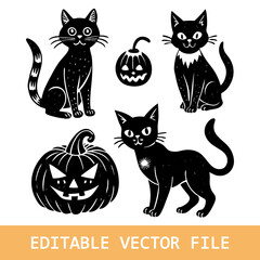 Happy Halloween. Mega set of black cat with green eyes in different poses with a pumpkin, on a broomstick, in a hat of a witch and other elements isolated on a white background. Cartoon, vector