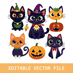 Happy Halloween day lovey pet vector. Cute collection of cats with halloween costumes, ghost, bat, pumpkin, spider. Adorable animal characters in autumn festival for decoration, prints, cover