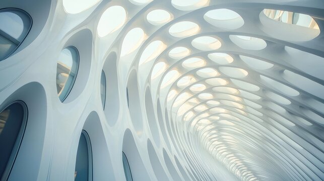 Abstract white architectural interior with curved ceiling and oval openings, letting in natural light.