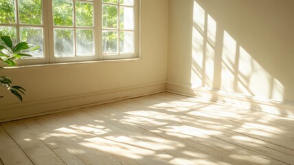 Fototapeta premium Sunlit Room with Hardwood Floor and White Walls
