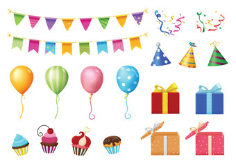 Obraz premium Birthday party elements vector set. Birthday gift boxes, pennants, balloons, hats and cupcake elements with colorful patterns for celebration objects design. Vector illustration. 
