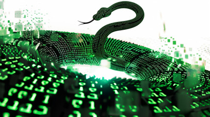 digital snake emerges from whirlwind of glowing binary code, symbolizing technology and transformation. vibrant green hues evoke sense of mystery