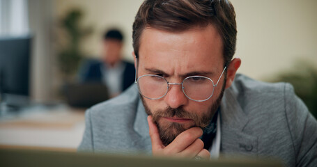 Business man, solution and thinking with laptop for finance review, client portfolio management or...