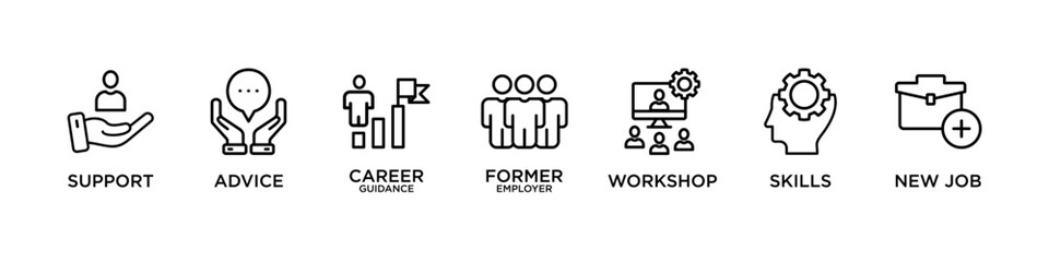  OUTPLACEMENT banner web icon vector illustration concept for product and service quality inspection with an icon of support, advice , career guidance, former employer, workshop, skills, new job, 