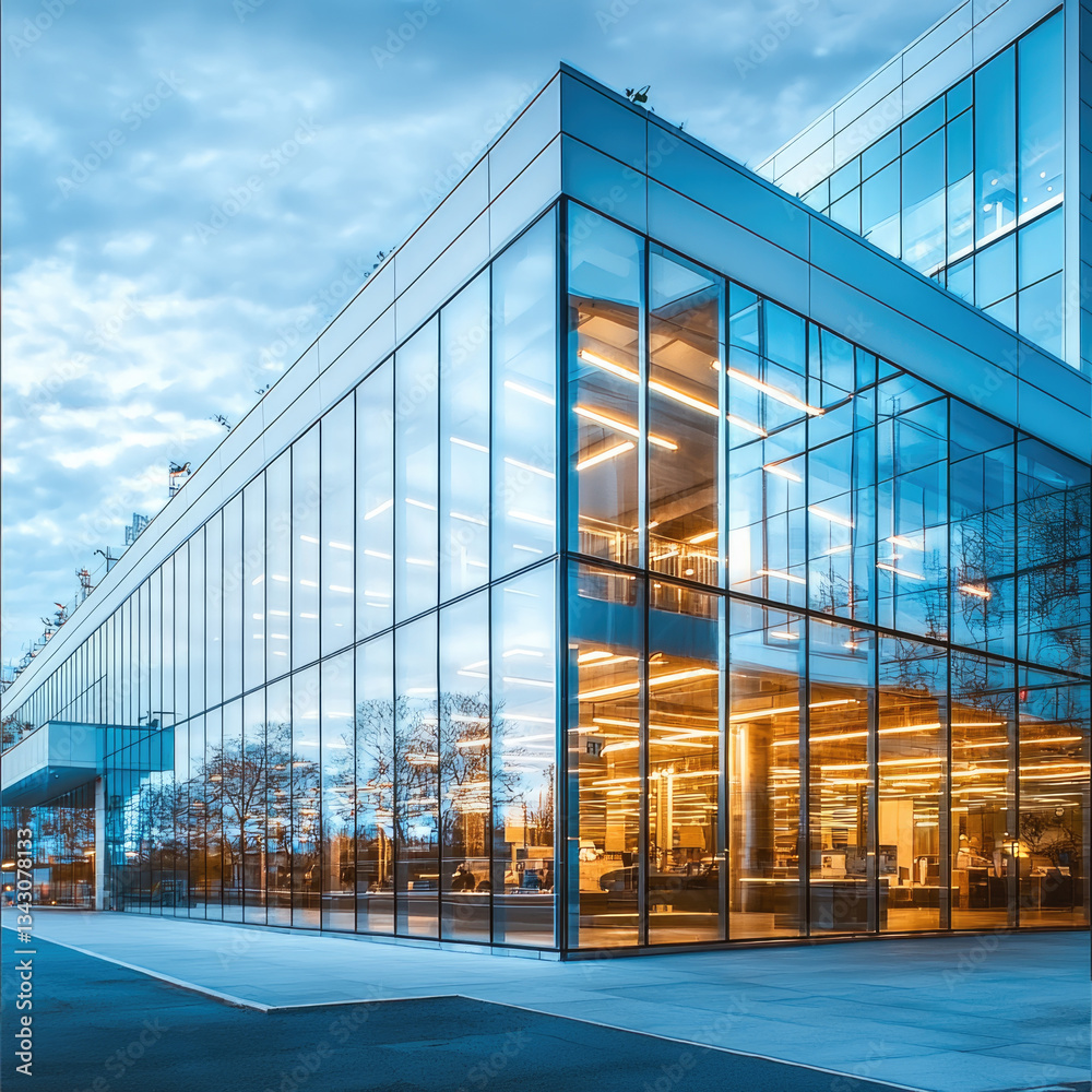Aufkleber Modern glass building with wide angle view showcasing its sleek architecture and illuminated interior. structure reflects contemporary design, creating vibrant atmosphere