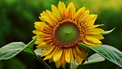 Obraz premium Single sunflower ready to open, close-up. Yellow petals are gathered together against green leaves background, selective focus.
