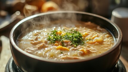 A bubbling pot of chicken soup, its steam rising to meet the sunlight, a symphony of aromas and flavors, a comforting embrace in the heart of winter.