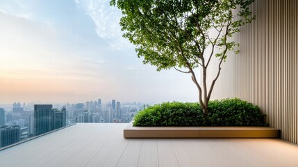 Obraz premium sustainability Mixed Use Development A rooftop terrace in a mixed use development with views of the city skyline, offering recreational space and urban greening.