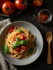 spaghetti with tomato sauce and basil