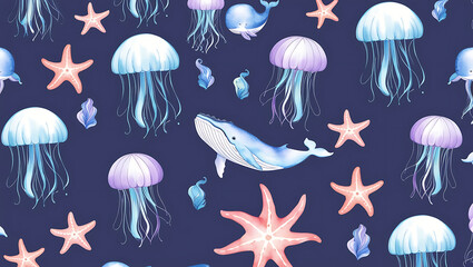 Obraz premium Marine Majesty: Whales, Jellyfish, and Starfish Unite