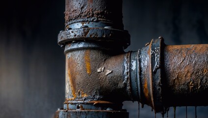 Close up of rusty metal pipe with visible corrosion and rust stains, on dark background.