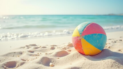 Obraz premium Colorful beach ball on sand near ocean waves. Summer vacation and travel concept. Coastal leisure and beach holiday background with copy space