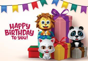 Birthday party vector kids animals. Happy birthday greeting text with cat, lion, and bear animal characters sitting in gift elements with colorful pennants in white background. Vector illustration
