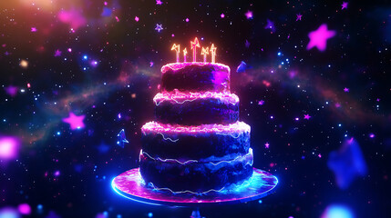A futuristic 3D birthday cake with a holographic glaze, levitating tiers, and neon lighting effects, set against a cosmic-themed background with floating stars.