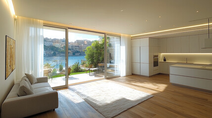 modern interior of bright apartment featuring large glass doors that open to scenic view of water and surrounding landscape. space is elegantly designed with minimalistic furniture and natural