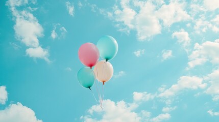 Pastel-colored balloons floating against a bright blue sky, symbolizing childhood innocence, freedom, and joy.