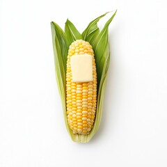 Obraz premium Juicy grilled corn on the cob with butter melting on top isolated on a white background 