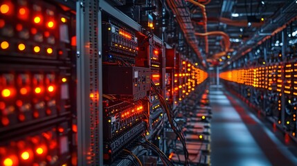 A close-up view of a data center, where rows of server racks emit an orange luminescence