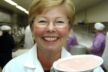 Smiling Woman Holding Yogurt in Food Production Facility