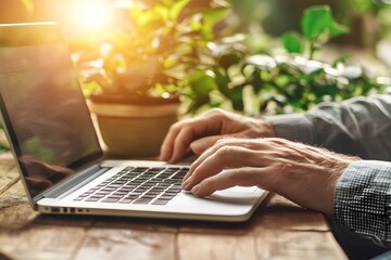Senior Man Using Laptop Outdoors  Sunny Day