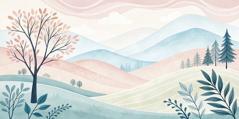 Obraz premium Serene landscape illustration rolling hills and trees soft color palette nature environment artistic viewpoint tranquility concept for relaxation