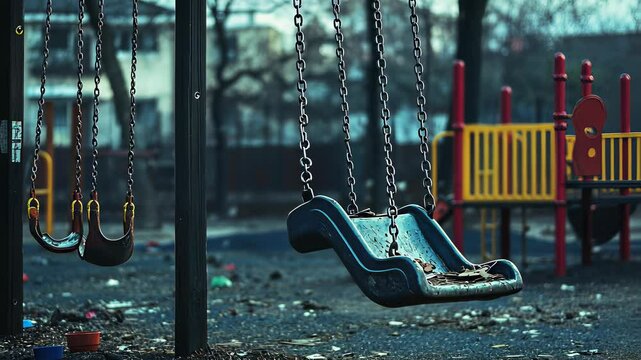 Abandoned playground reveals neglected swings and littered ground in urban area