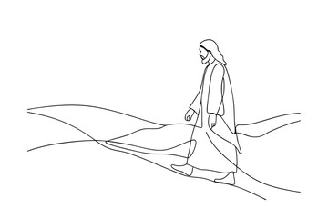 Jesus Christ Walking on a Path, Single Line Drawing, Biblical Art