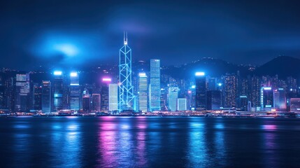 Obraz premium Hong Kong Skyline at Night, Neon Cityscapes, Vibrant Lights