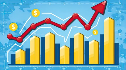 Chart of Growth and Finance Business Bar Graph With Red Arrow and Dollar Signs on World Map for Investment