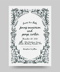 Wedding invitation poster with quirky hand drawn floral frame or border. doodle ink style. save the date poster.