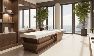 Fototapeta premium Luxury Spa Bathroom Design, Ocean View, Modern Relaxation: High-rise apartment, contemporary spa-like bathroom showcasing ocean view, designed for relaxation.