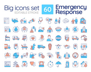 Emergency response RGB color icons set. Public safety and rescue service. Protection from vary dangers. Isolated vector illustrations. Simple filled line drawings collection. Editable stroke